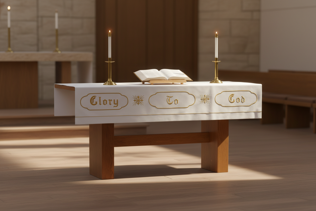 Altar with 'Glory to God' inscription, candles, and an open book on a gray background
