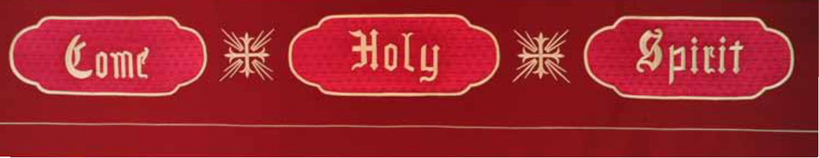 Red banner with 'Come Holy Spirit' text and decorative elements on a red background