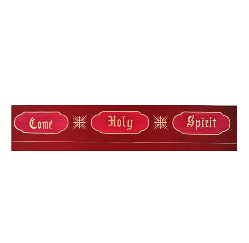 Red banner with text 'Come Holy Spirit' on a white background