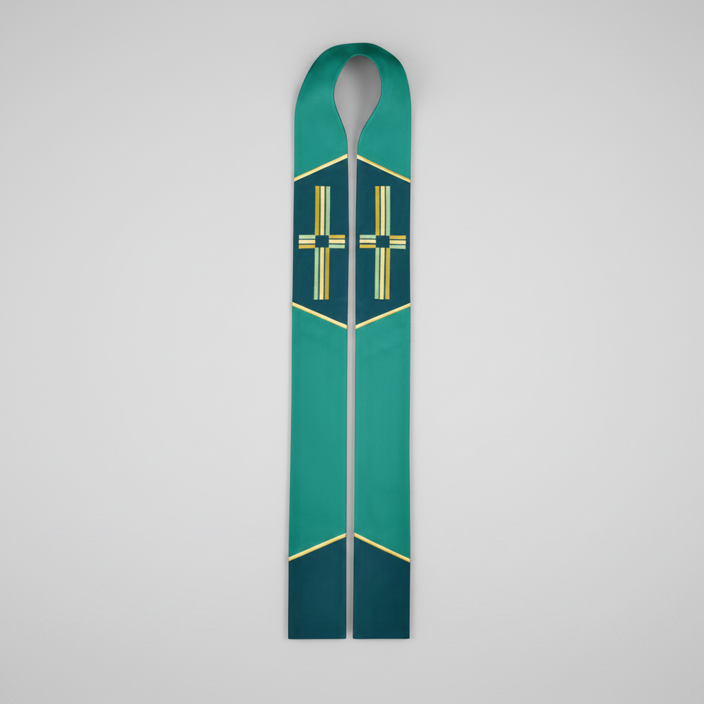 Green bookmark with gold accents on a white background