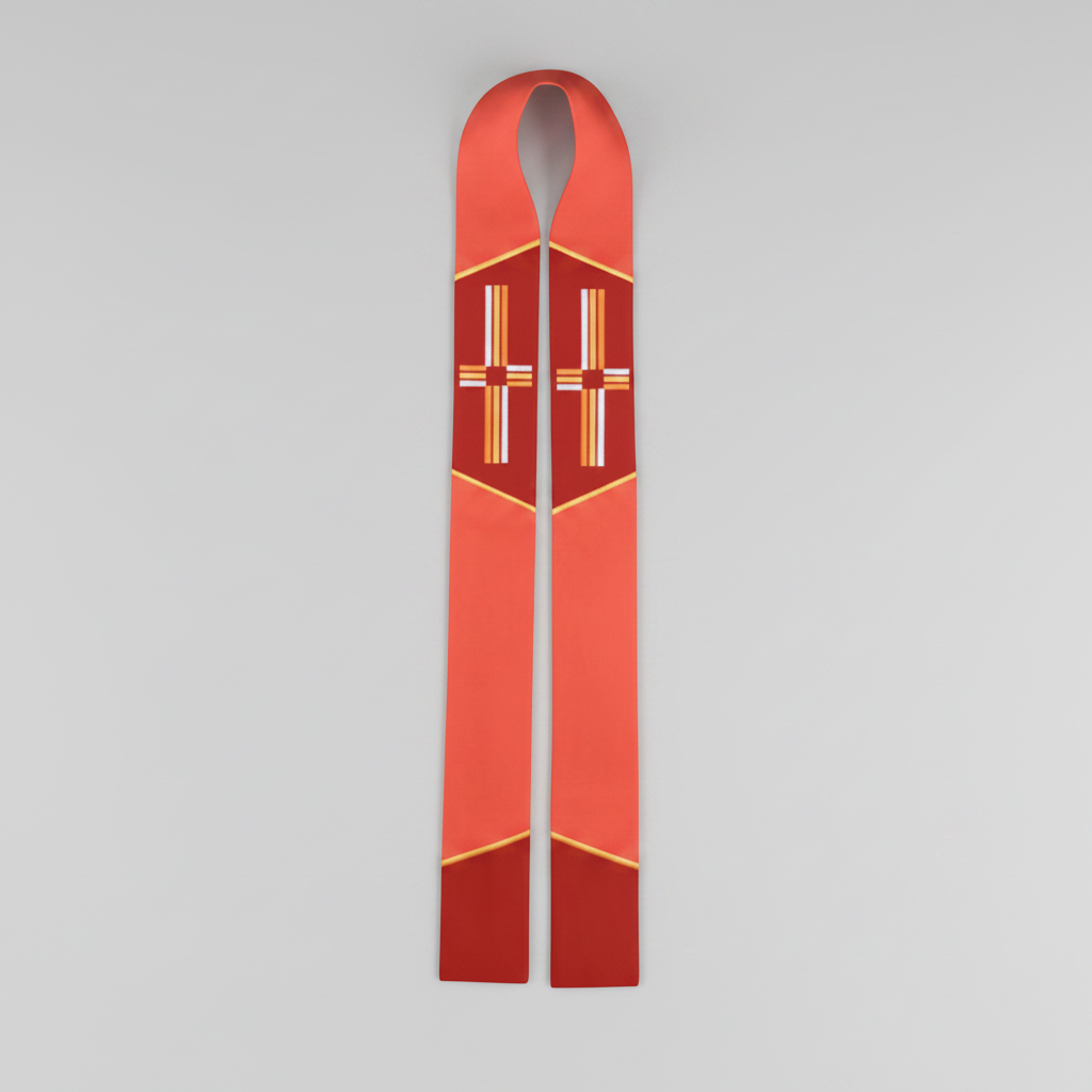 Red and gold cross design on a white background