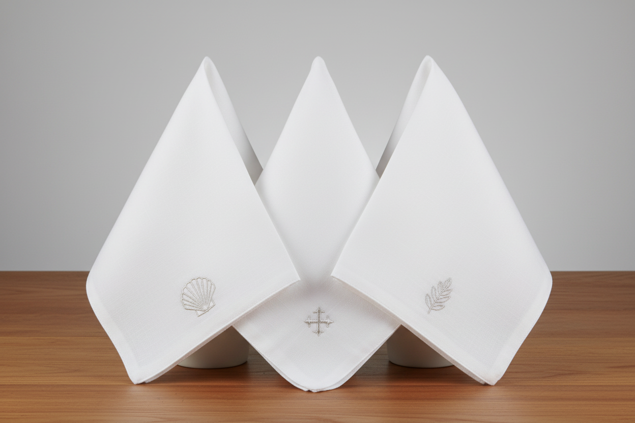 Three white napkins with embroidered designs on a beige background