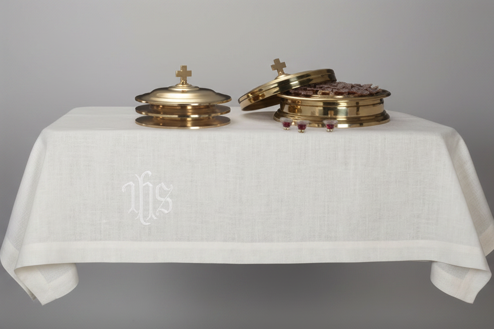 Two brass objects on a white cloth with 'IHS' branding against a beige background