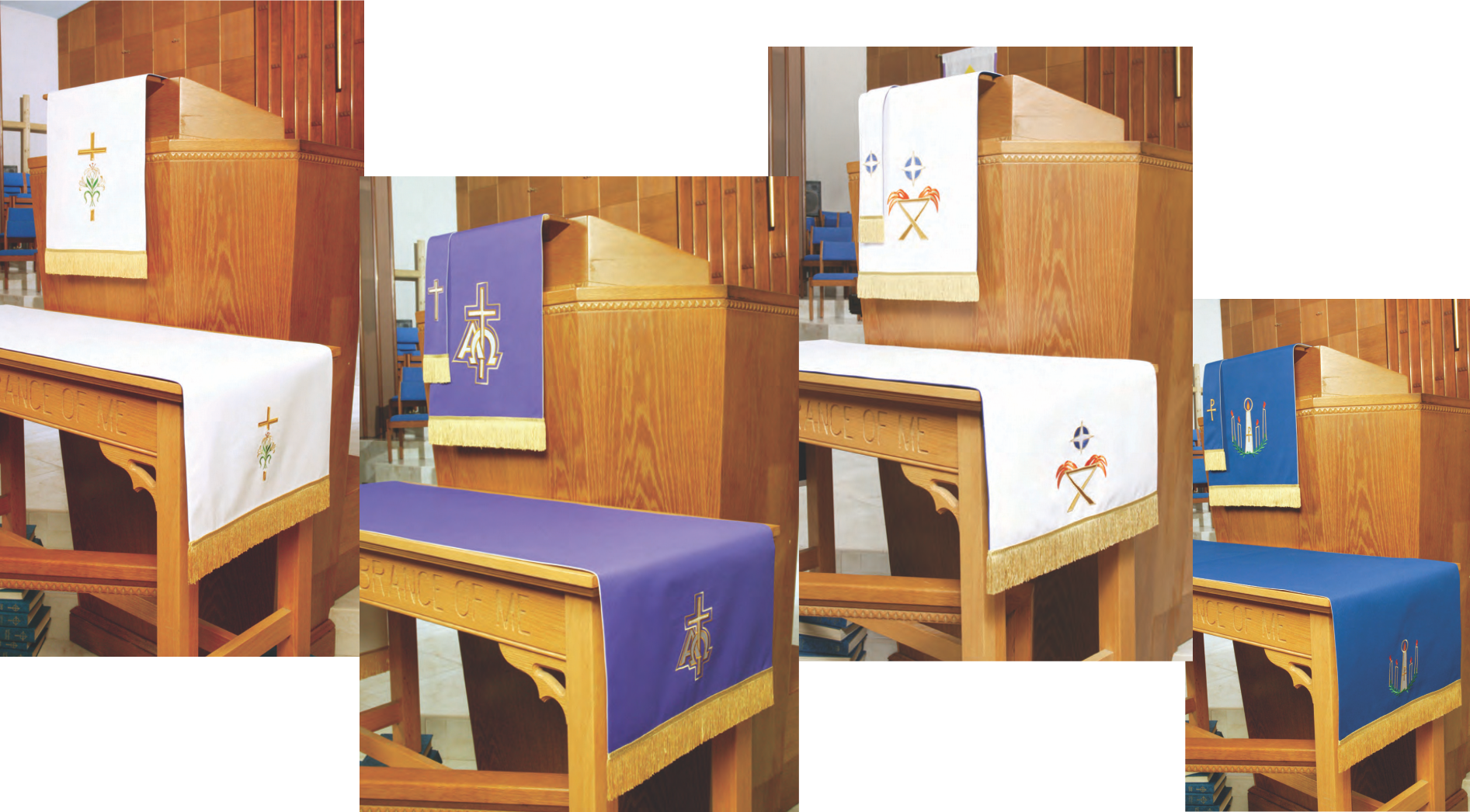 Wooden pews with blue and purple covers in a church setting