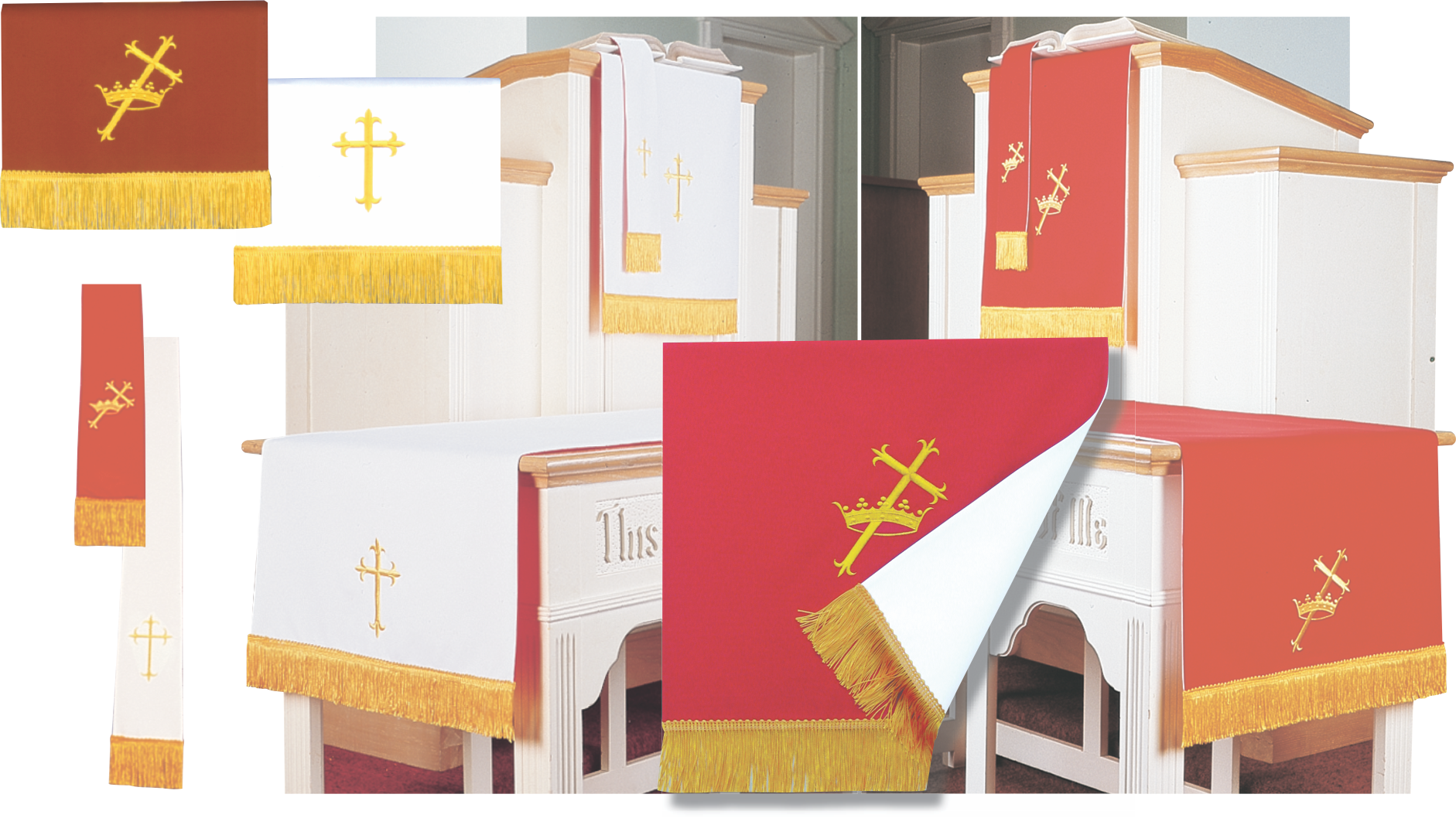 Set of church liturgical textiles with crosses and gold accents on a white background