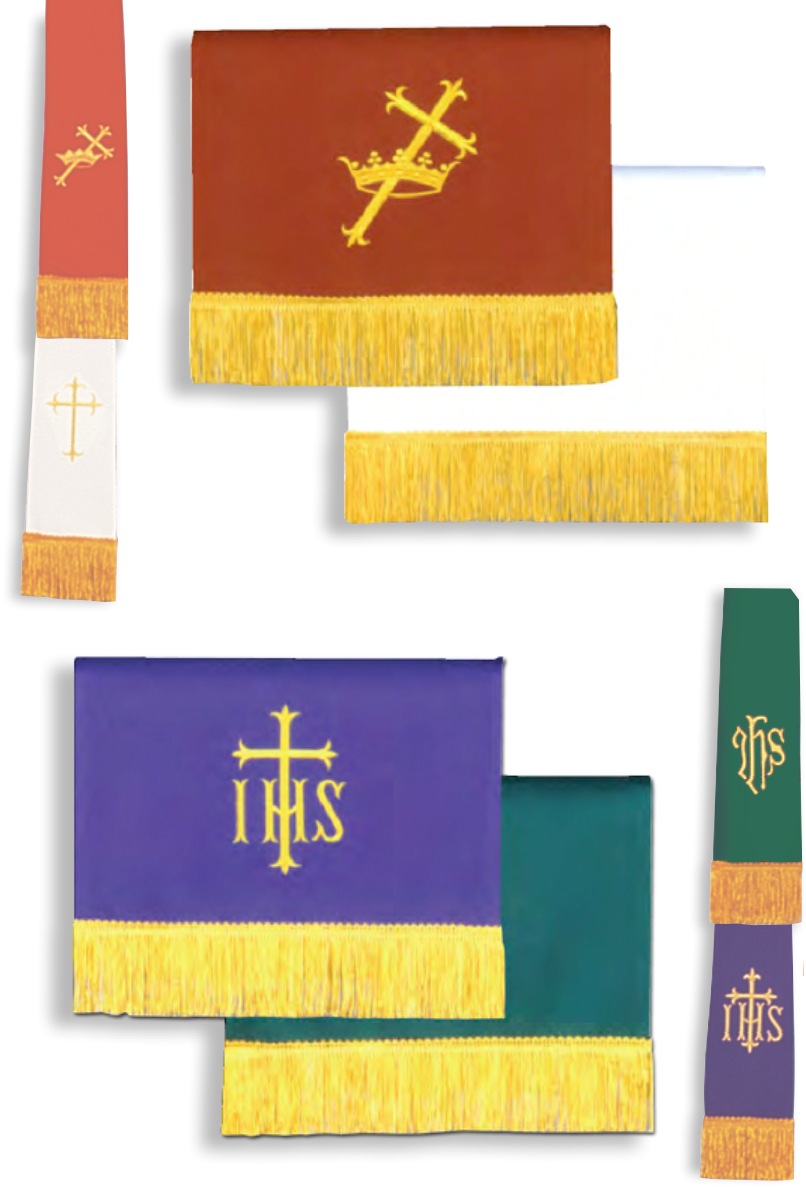 Set of liturgical stoles with crosses and 'IHS' symbol on a white background