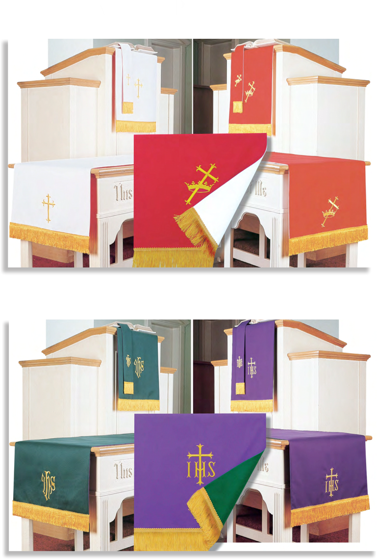 Set of liturgical vestments with IHS symbol in various colors and settings.