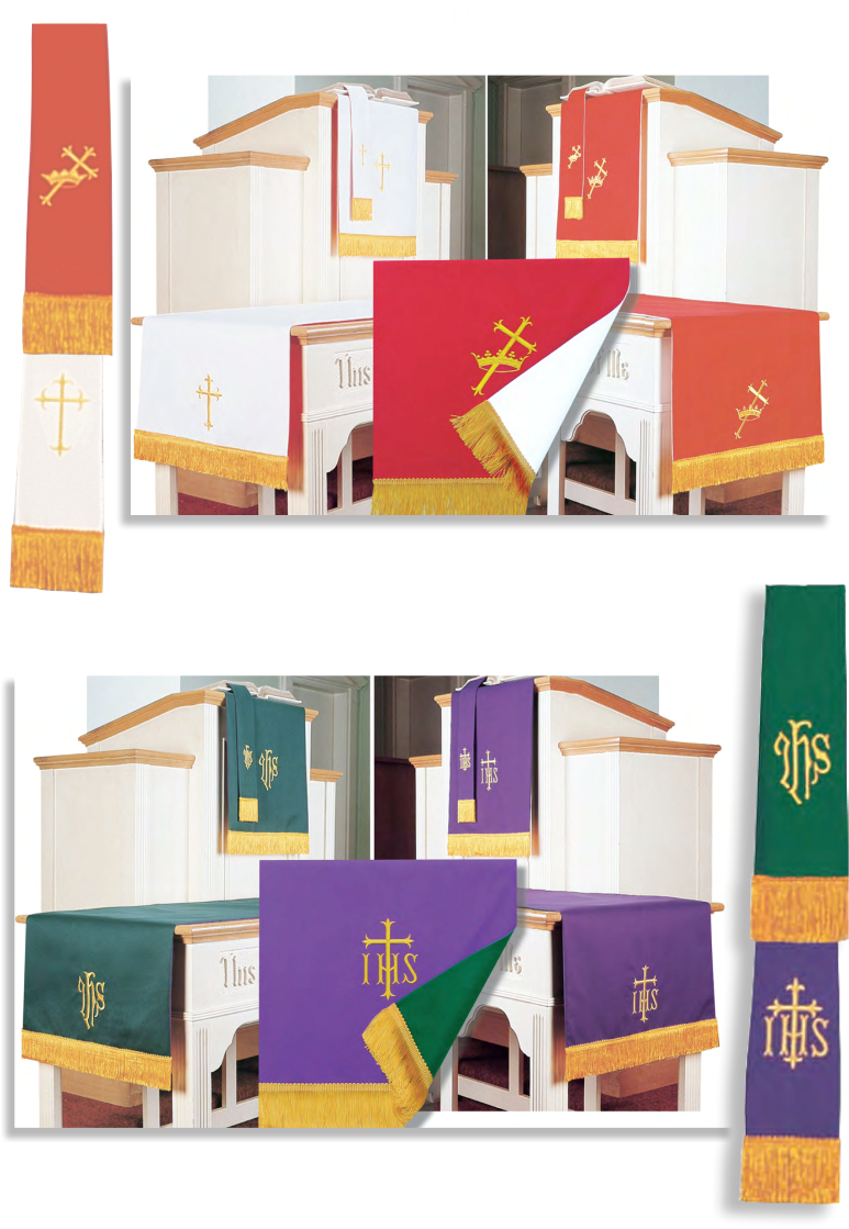 Set of liturgical vestments with crosses and symbols on a white background