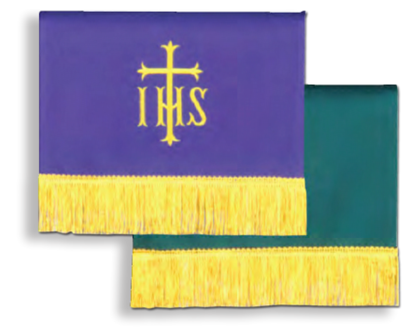 Purple and green stole with yellow fringe and IHS symbol on a white background