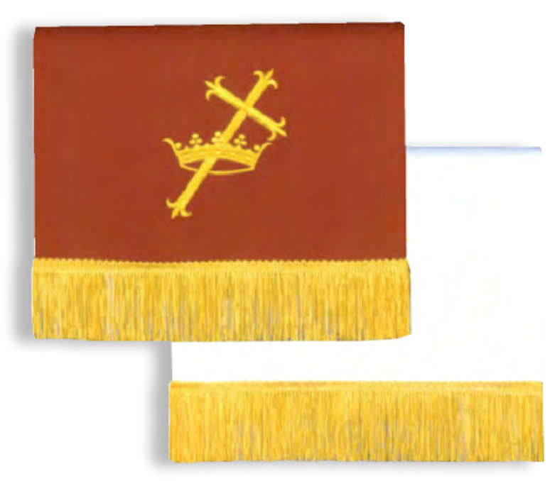 Red banner with yellow fringe and emblem on a white background