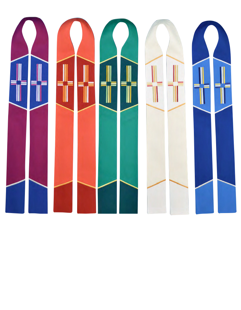 Five colorful ribbons with cross designs on a white background