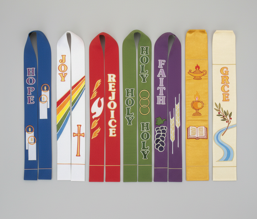 Set of colorful vertical stoles with religious symbols and text on a white background