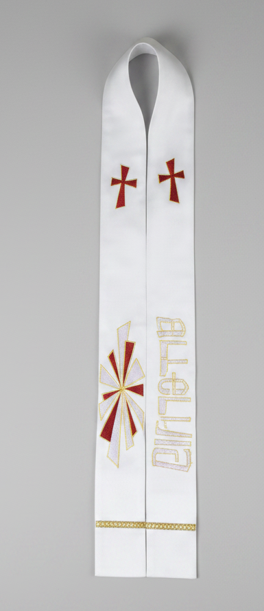 White ribbon with red cross and gold accents on a white background