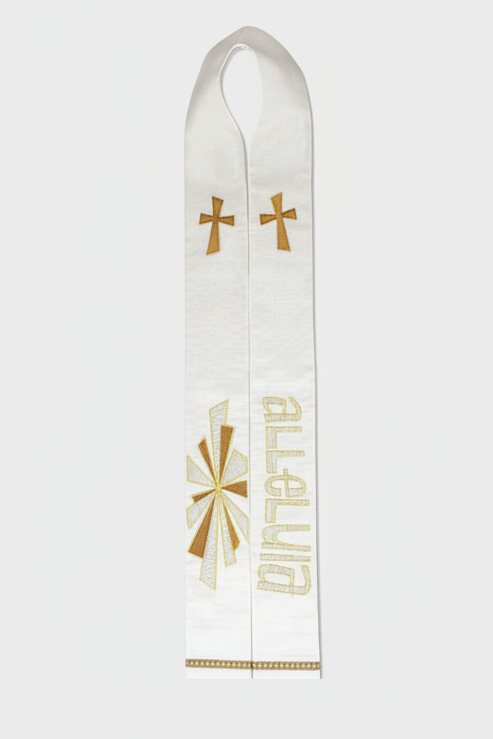 White lanyard with gold cross and star design on a white background