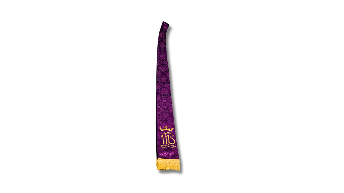 Purple Royalty clergy stole with gold embroidered detailing and gold fringe on a white background