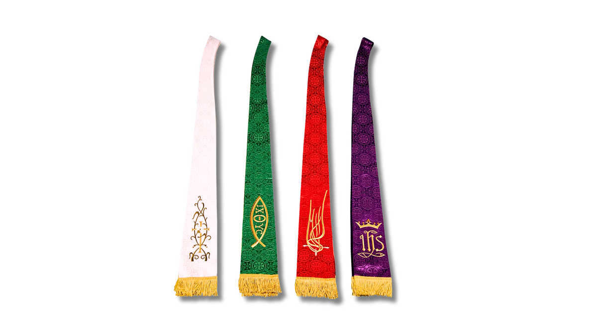 Royalty clergy stoles in white, green, purple, and red with gold embroidery and fringe on a white background.