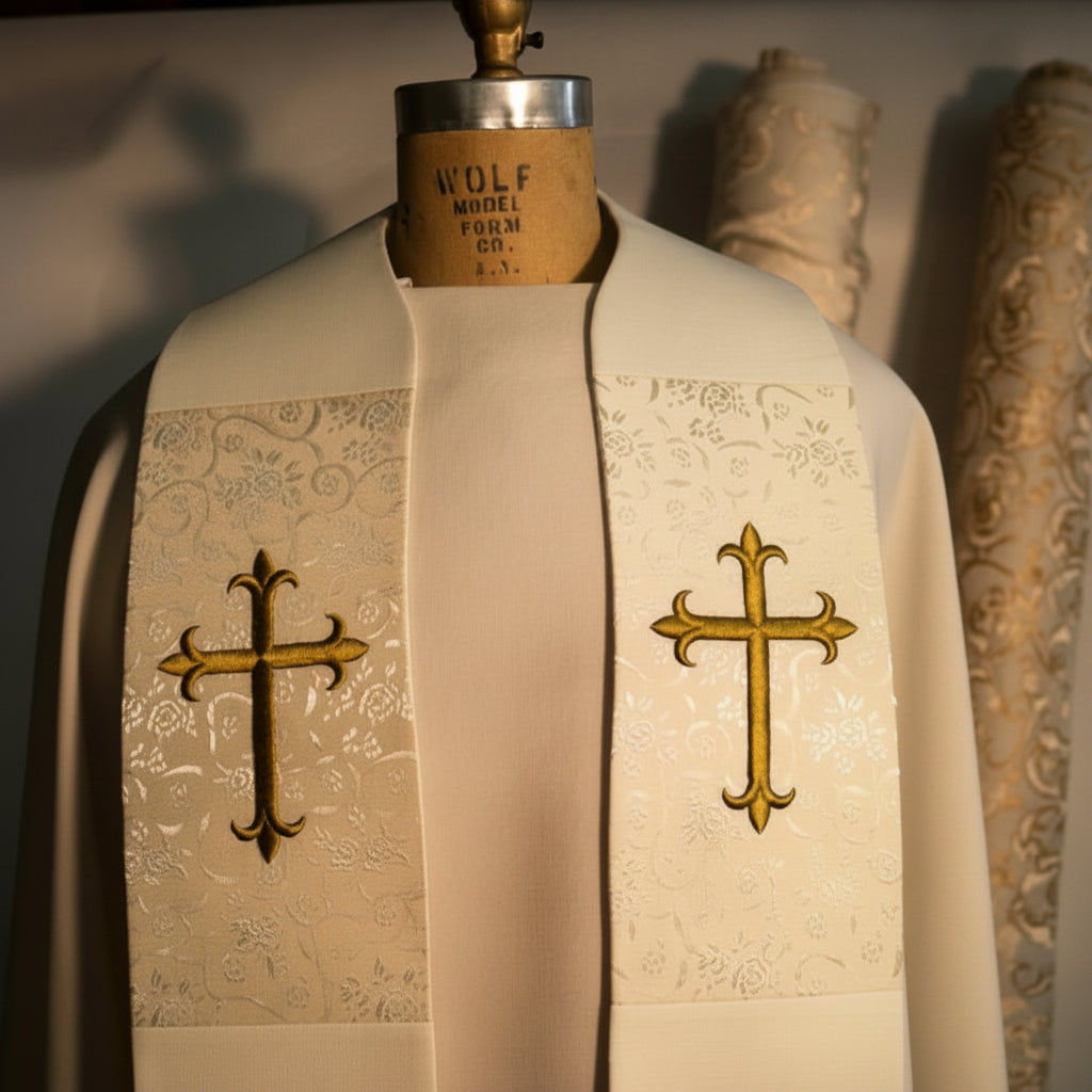 Ecclesiastical vestment with gold crosses on a mannequin against a neutral background