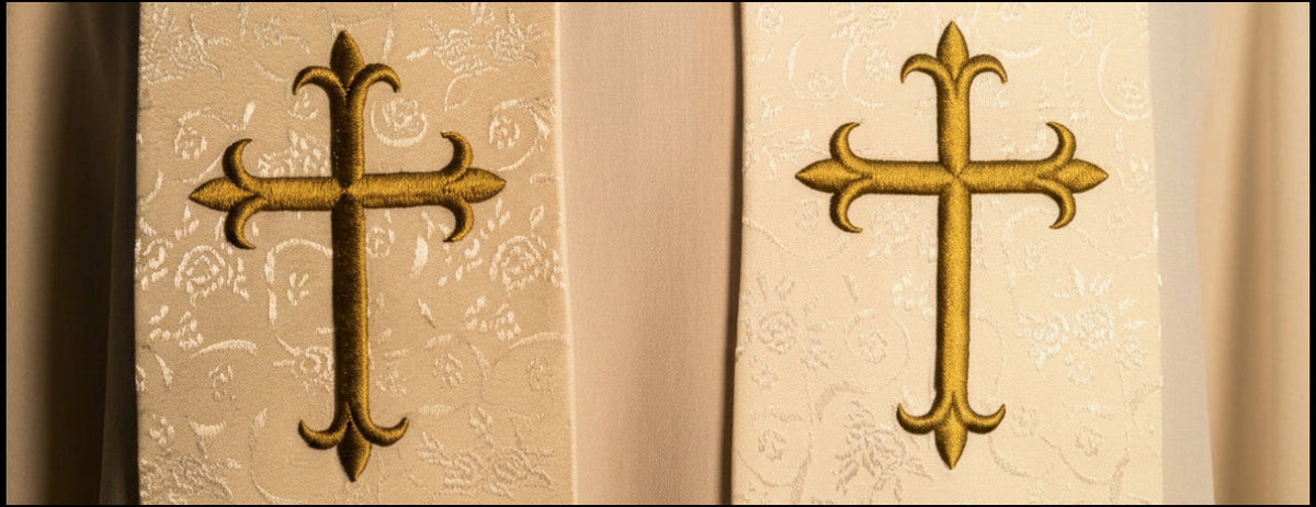 Ecclesiastical vestment with gold crosses on a mannequin against a neutral background