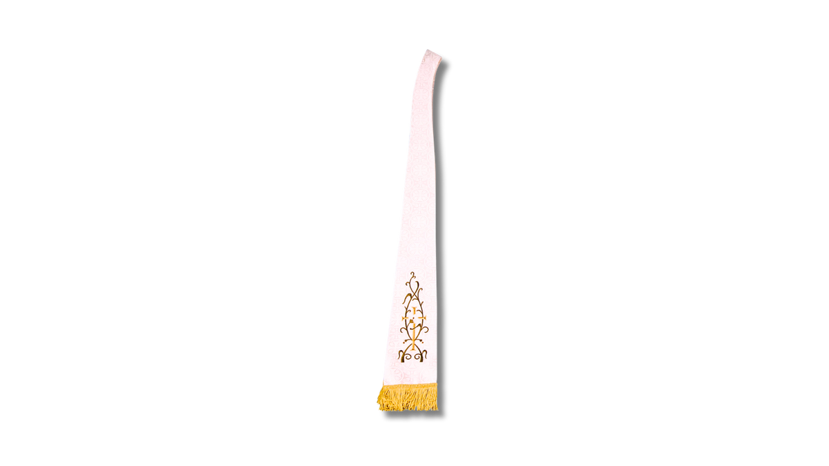 White Royalty clergy stole with gold embroidered detailing and gold fringe on a white background.