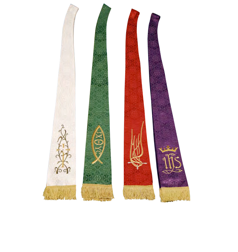 Four colorful stoles with embroidered designs on a white background