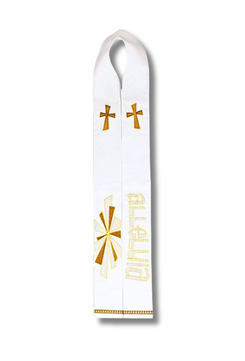 A white liturgical stole with gold embroidered crosses, an asterisk, and the word 'alleluia' on a white background.