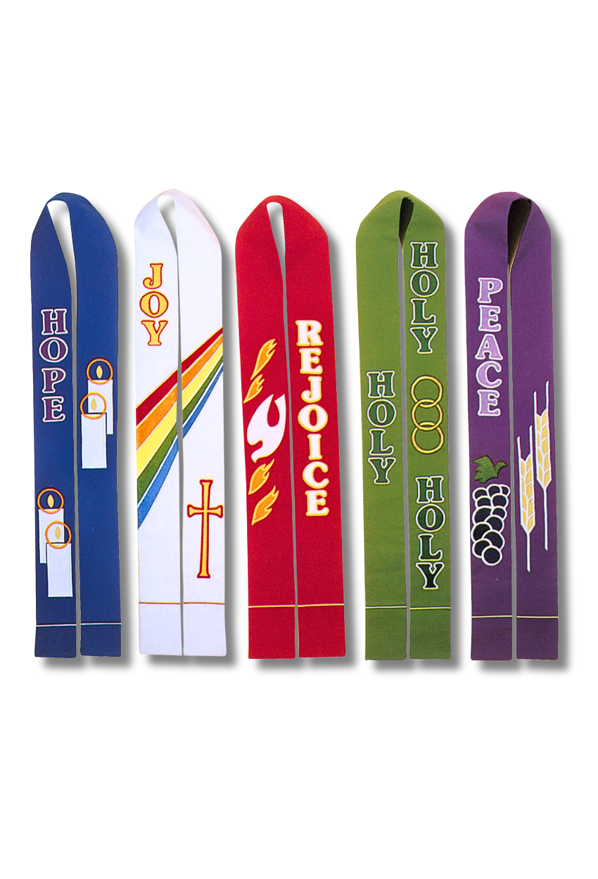 Five colorful religious vestments or sashes displayed side by side on a white background, labeled Hope, Joy, Rejoice, Holy Holy Holy, and Peace, each with embroidered text and symbols.