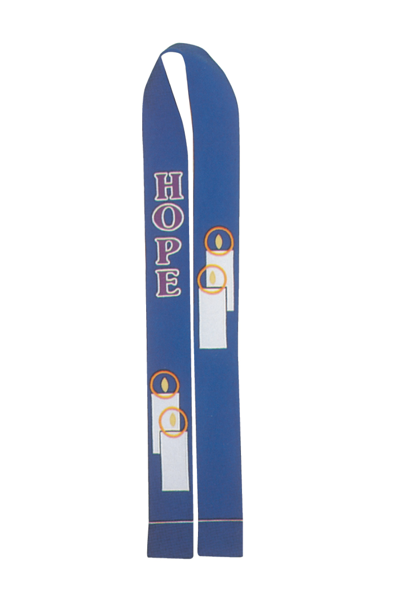 Blue skis with 'HOPE' and light bulb design on a white background