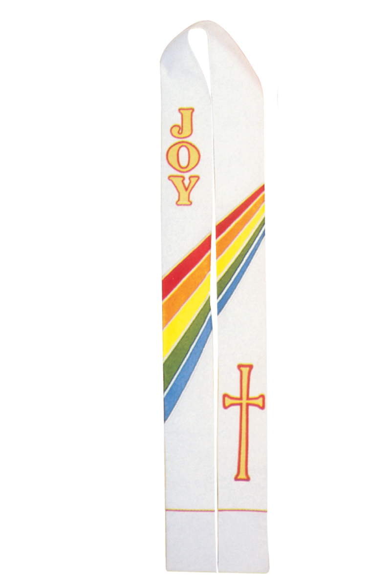 Decorative pole with rainbow design and 'JOY' text on a white background