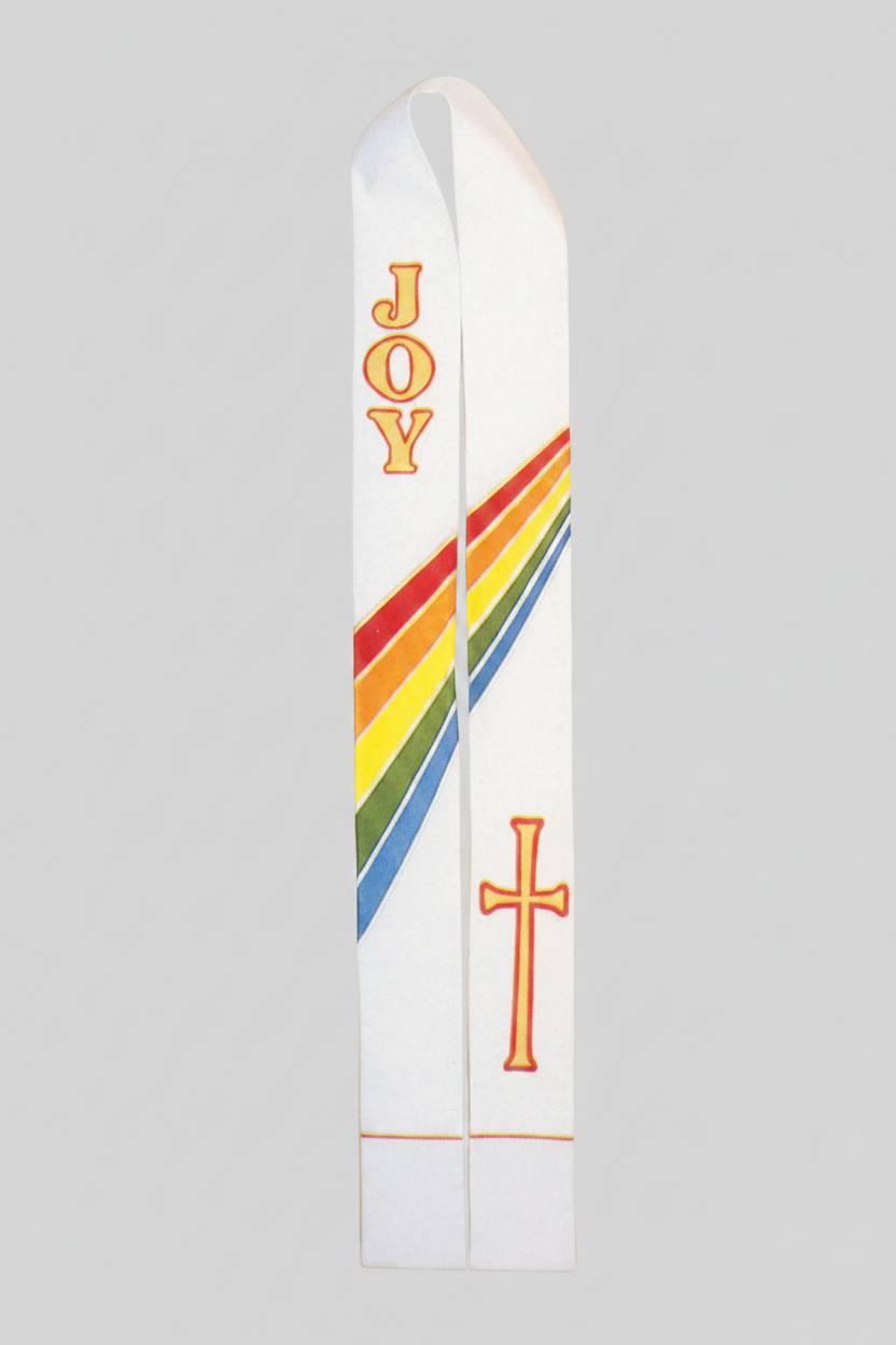 Decorative pole with rainbow design and 'JOY' text on a white background