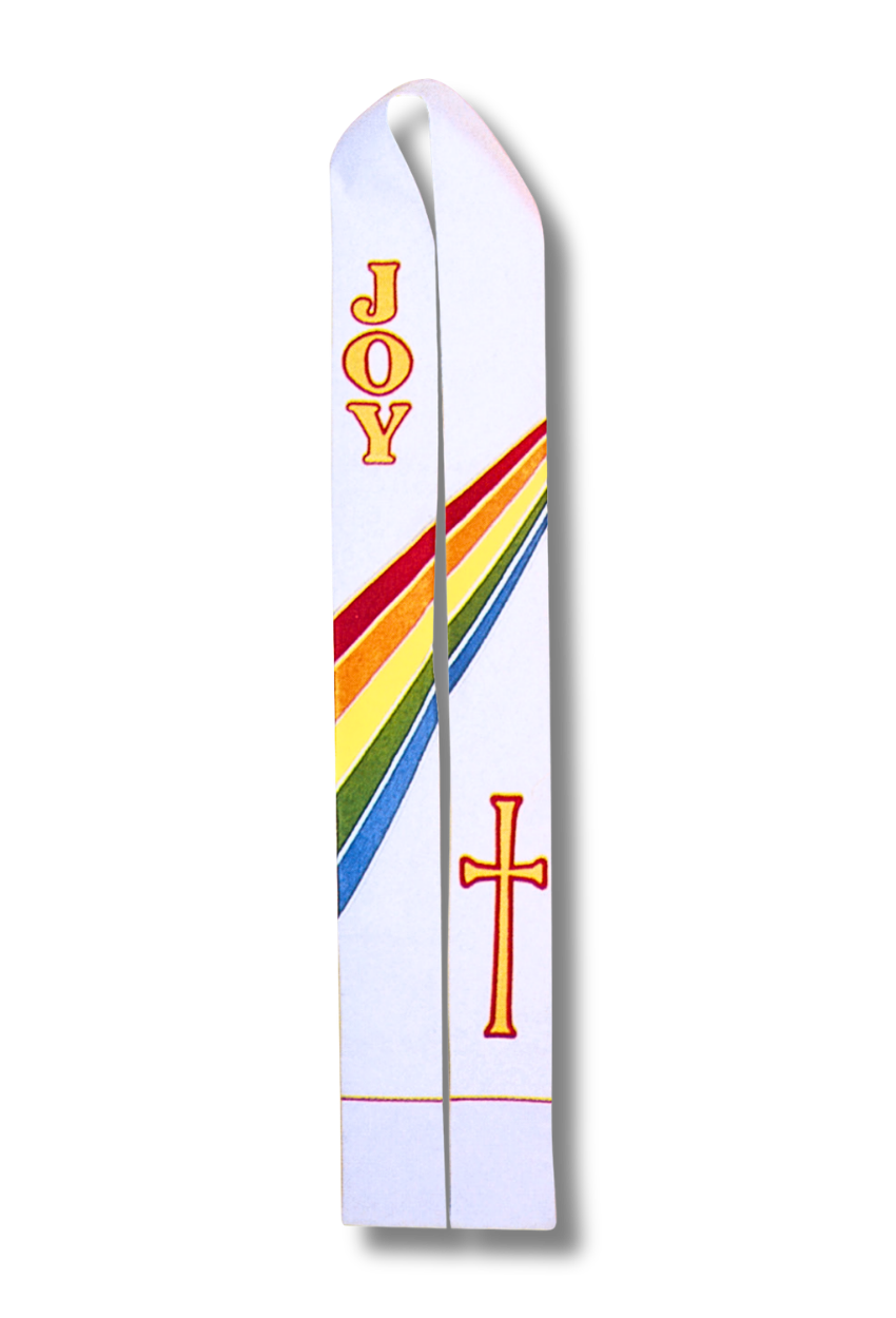 A white liturgical chalice veil with 'JOY' written in gold letters, a diagonal rainbow stripe pattern, and a gold cross with a red outline, shown on a white background.