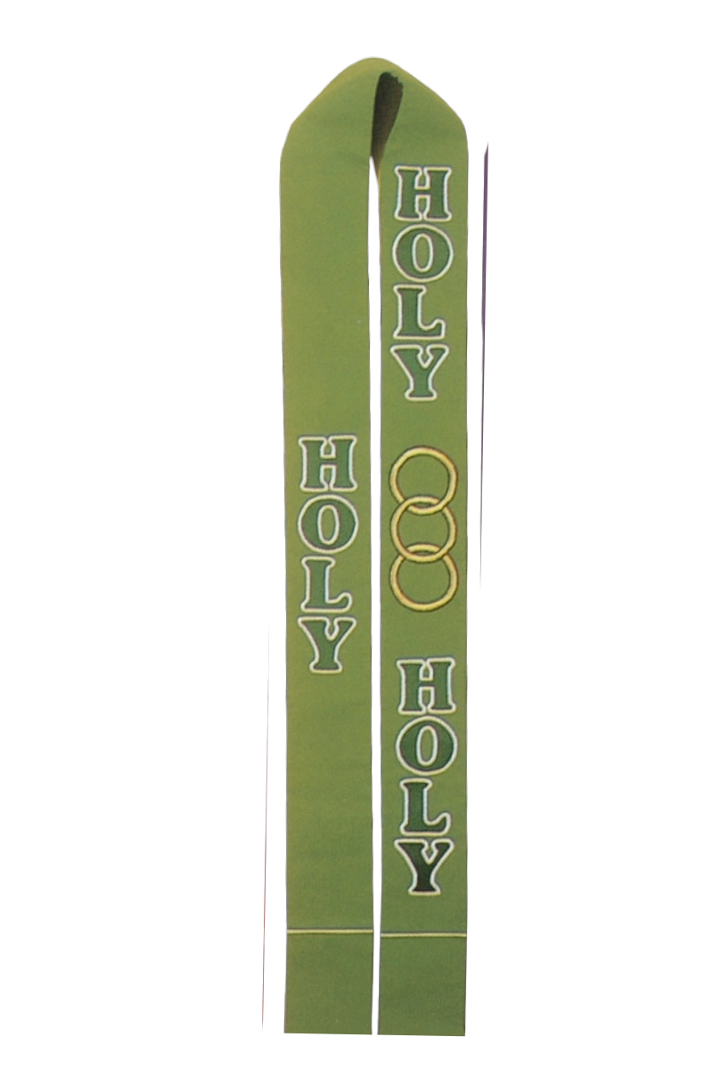 Green banner with 'HOLY' text and gold rings on a white background
