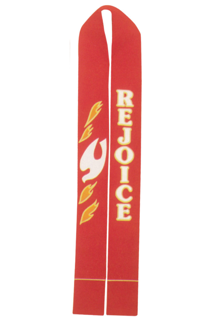 Red stole with 'REJOICE' text and symbols on a white background