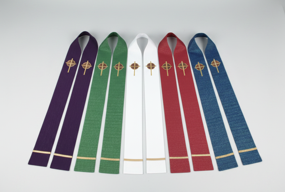 Set of five colorful stoles with a central emblem on a white background