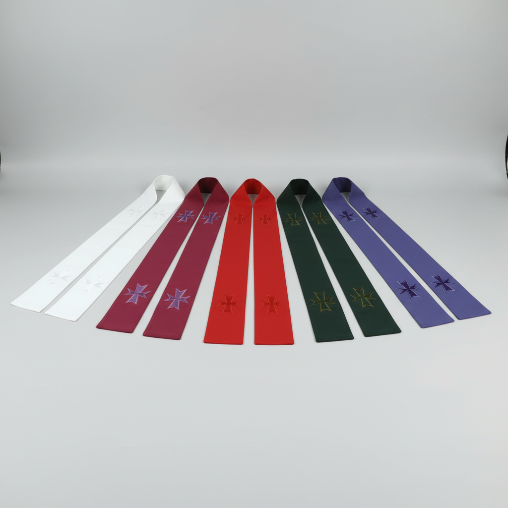 Set of six ribbons in white, red, green, and blue with embroidered crosses on a white background.