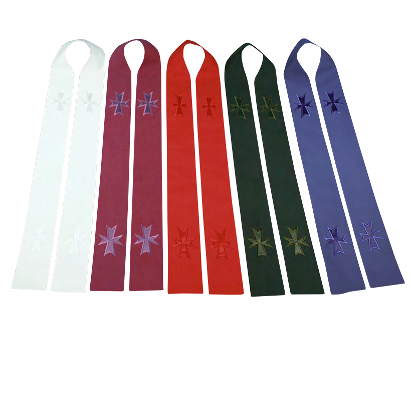 Set of six ribbons in white, red, green, and blue with embroidered crosses on a white background.