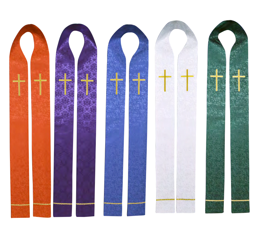 Set of five colorful stoles with gold crosses on a white background