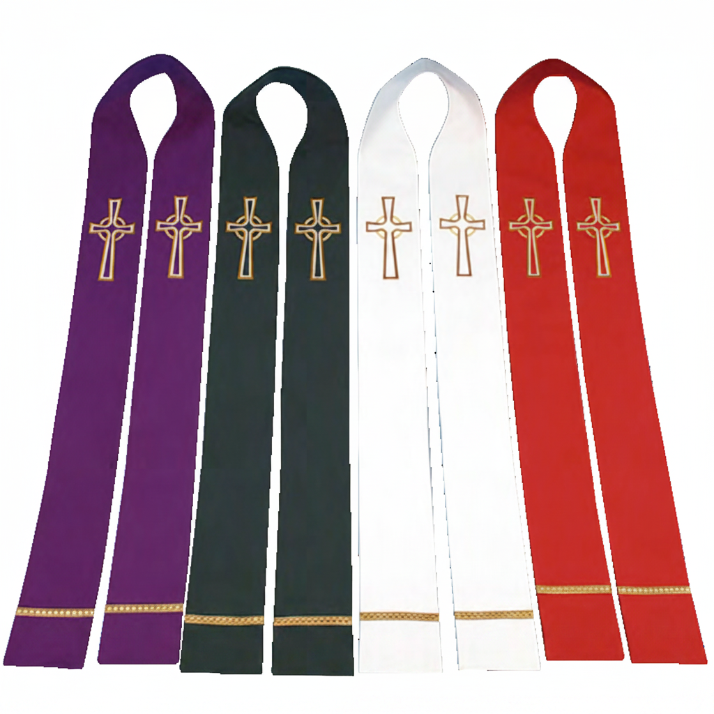 Set of four liturgical stoles in purple, green, white, and red with gold crosses on a white background.