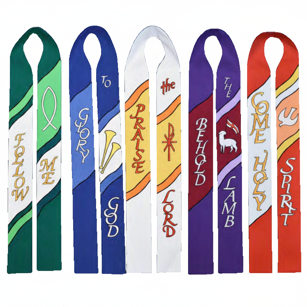 Set of colorful stoles with religious text and symbols on a white background