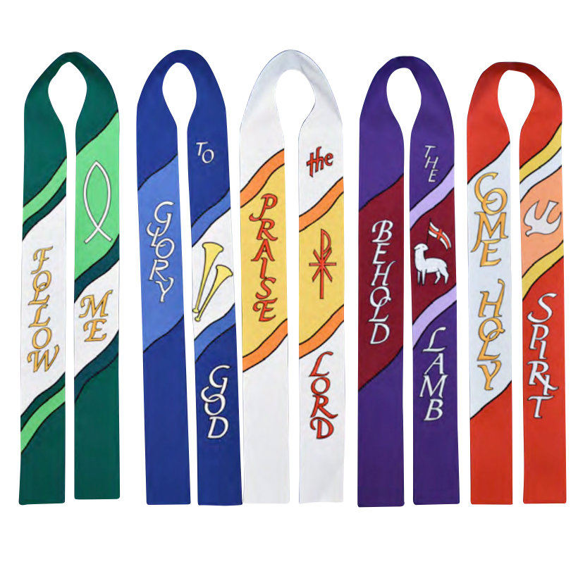 Set of colorful bookmarks with religious text and symbols on a white background