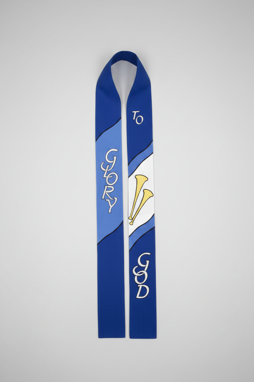 Blue bookmark with 'To Glory God' text and a trumpet symbol on a white background