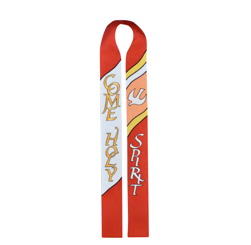 Red and white striped banner with 'Come Holy Spirit' text and dove symbol on a white background