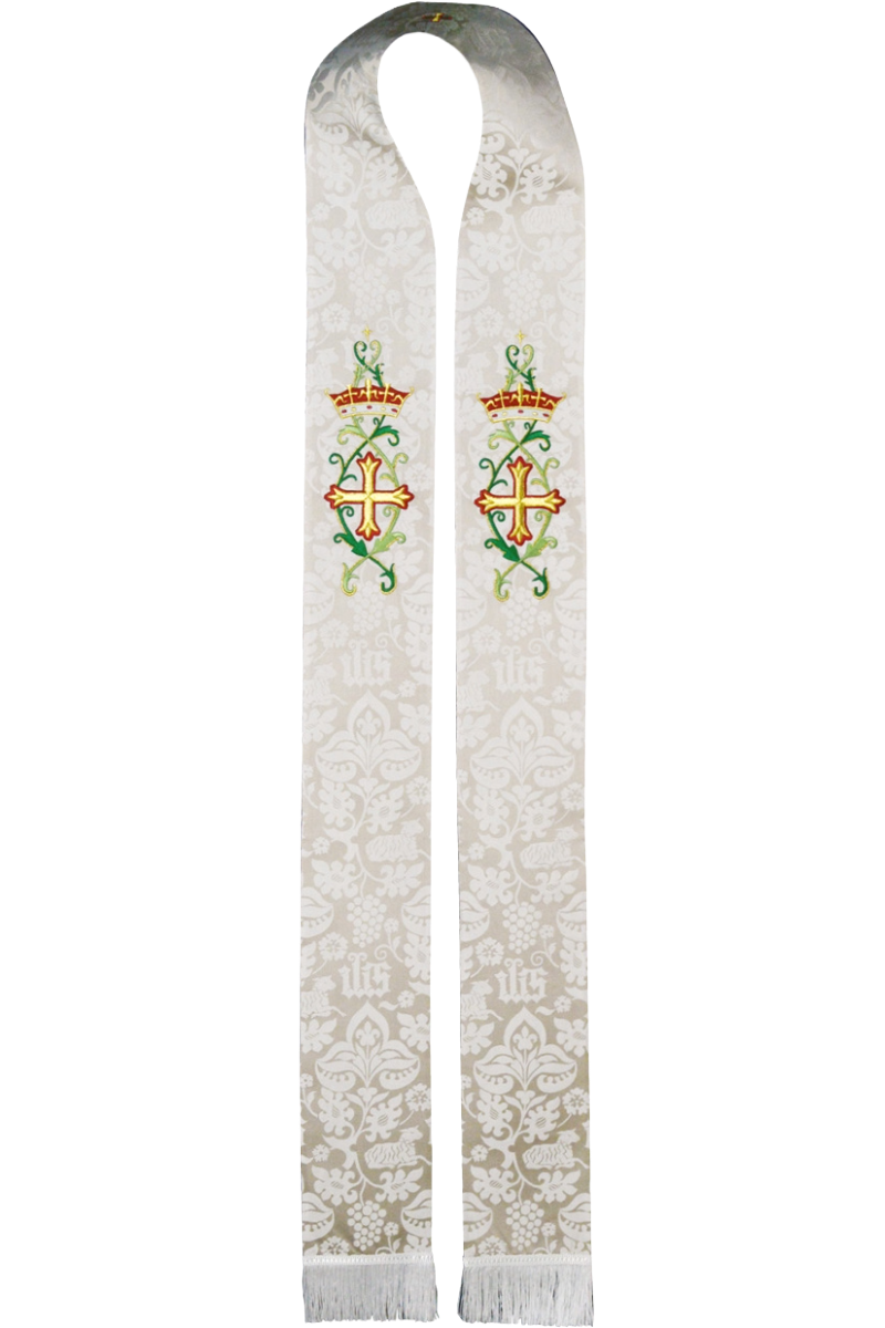 Decorative stole with embroidered crosses on a white background