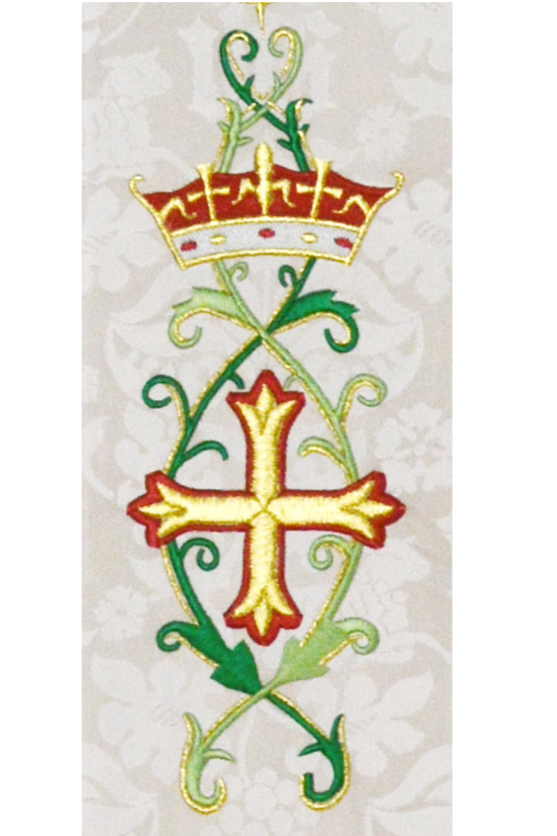 Decorative cross with crown and green leaves on a textured white background