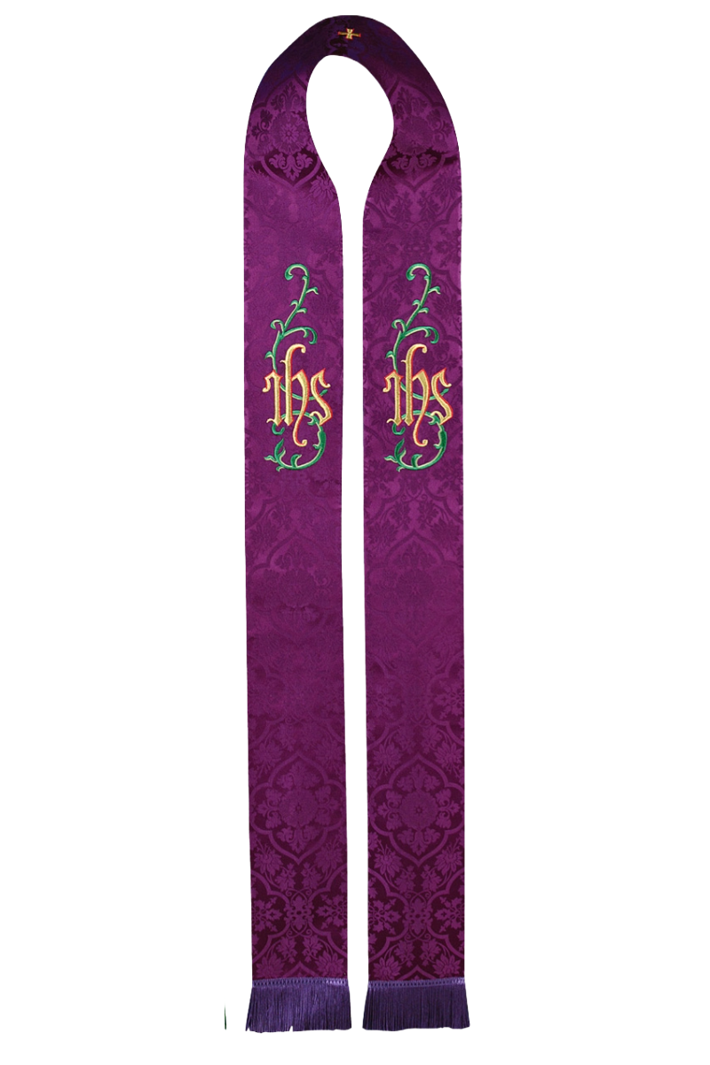 Purple stole with embroidered design on a white background