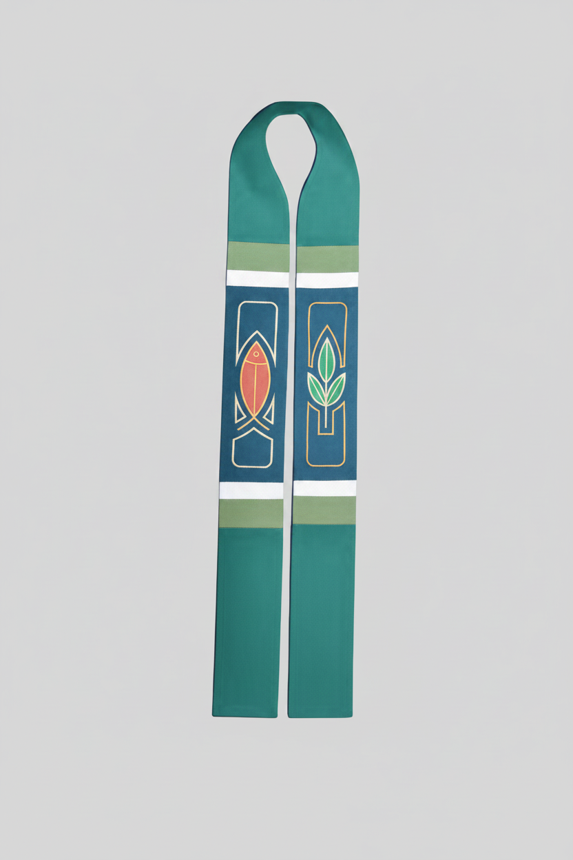 Teal and green striped fabric with abstract designs on a white background
