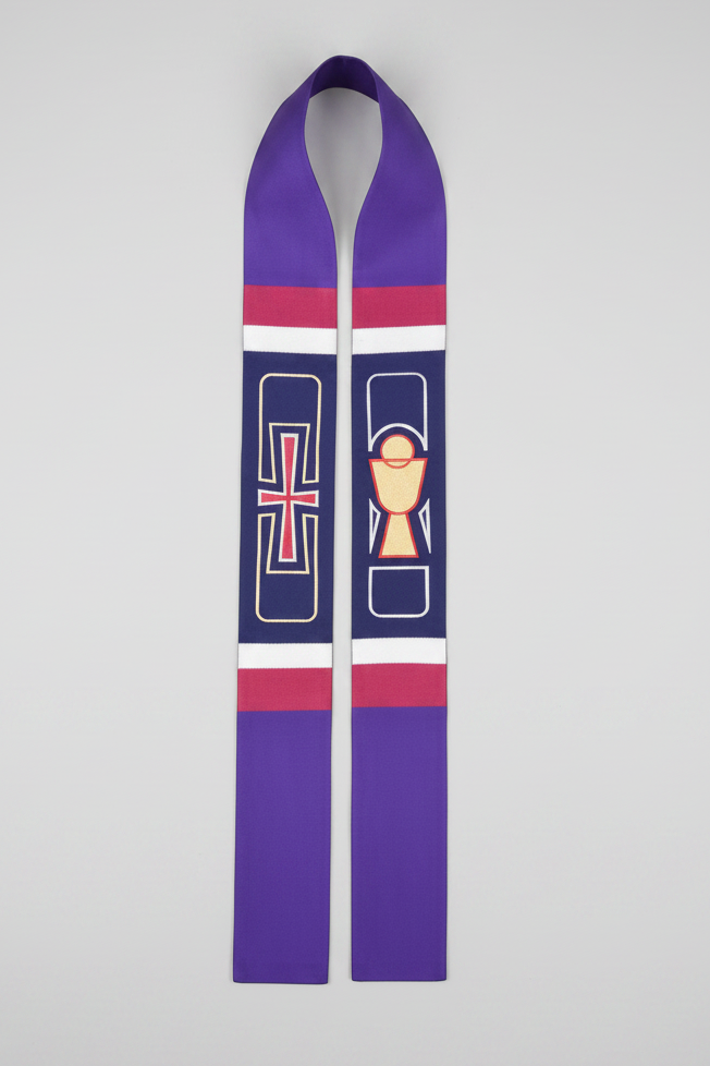 Purple stole with religious symbols on a white background