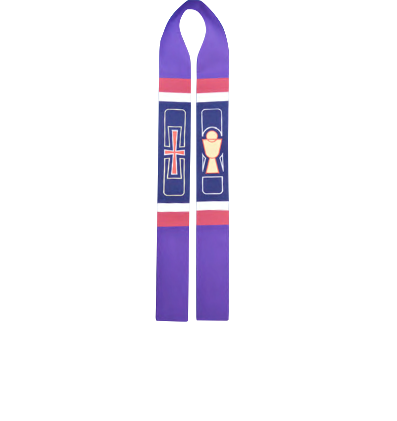 Purple stole with religious symbols on a white background