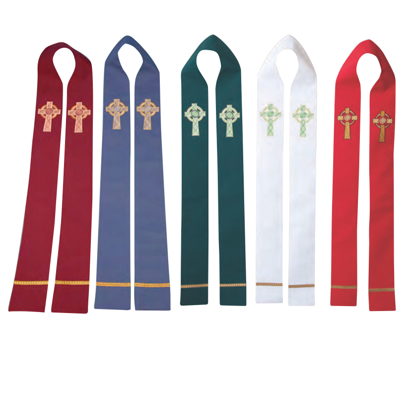 Set of six ribbons with embroidered crosses in various colors on a white background