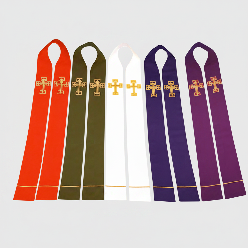 Set of five ribbons in red, green, white, and purple with gold crosses on a white background