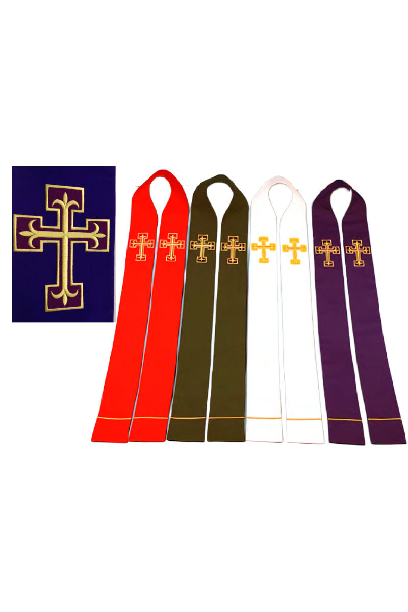 Set of five colorful ribbons with gold crosses on a white background